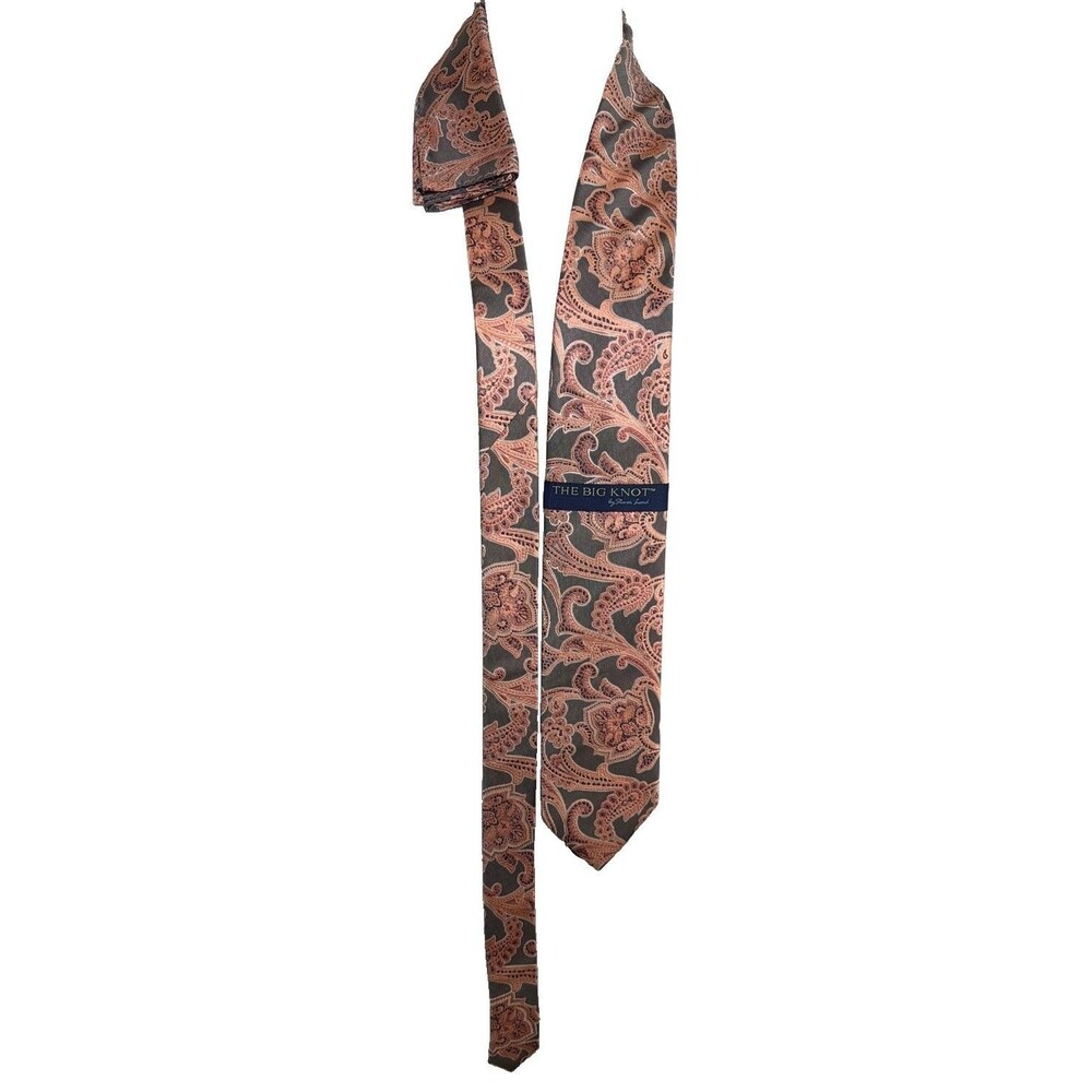 Steven Land The Big Knot 100% Silk Tie Pocket Square Set Paisley Peach Brown NWT